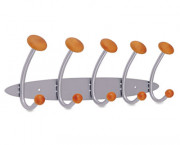 5-Peg Wall Rack, 24-7/8 x 6 x 10-7/8, Plastic, Wood Pegs, Silver-Finish Rack