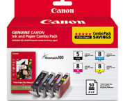 0628B027 Inks & Paper Pack, PGI-5, CLI-I8, Black; Cyan, Magenta, Yellow