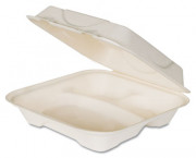 Hot Food Container, Sugarcane Hinged 3-Compartment, 9 x 9 x 3, White, 200/Carton