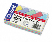 Ruled Index Cards, 3 x 5, Blue/Violet/Canary/Green/Cherry, 100/Pack